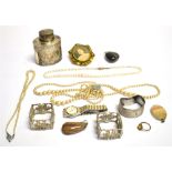 A COLLECTION OF VINTAGE JEWELLERY AND TRINKETS to include an embossed silver bottle/flask silver