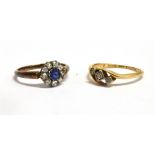 TWO ART DECO RINGS A marked 18ct diamond and sapphire flower ring, size M 1/2, weight 2.5g A diamond