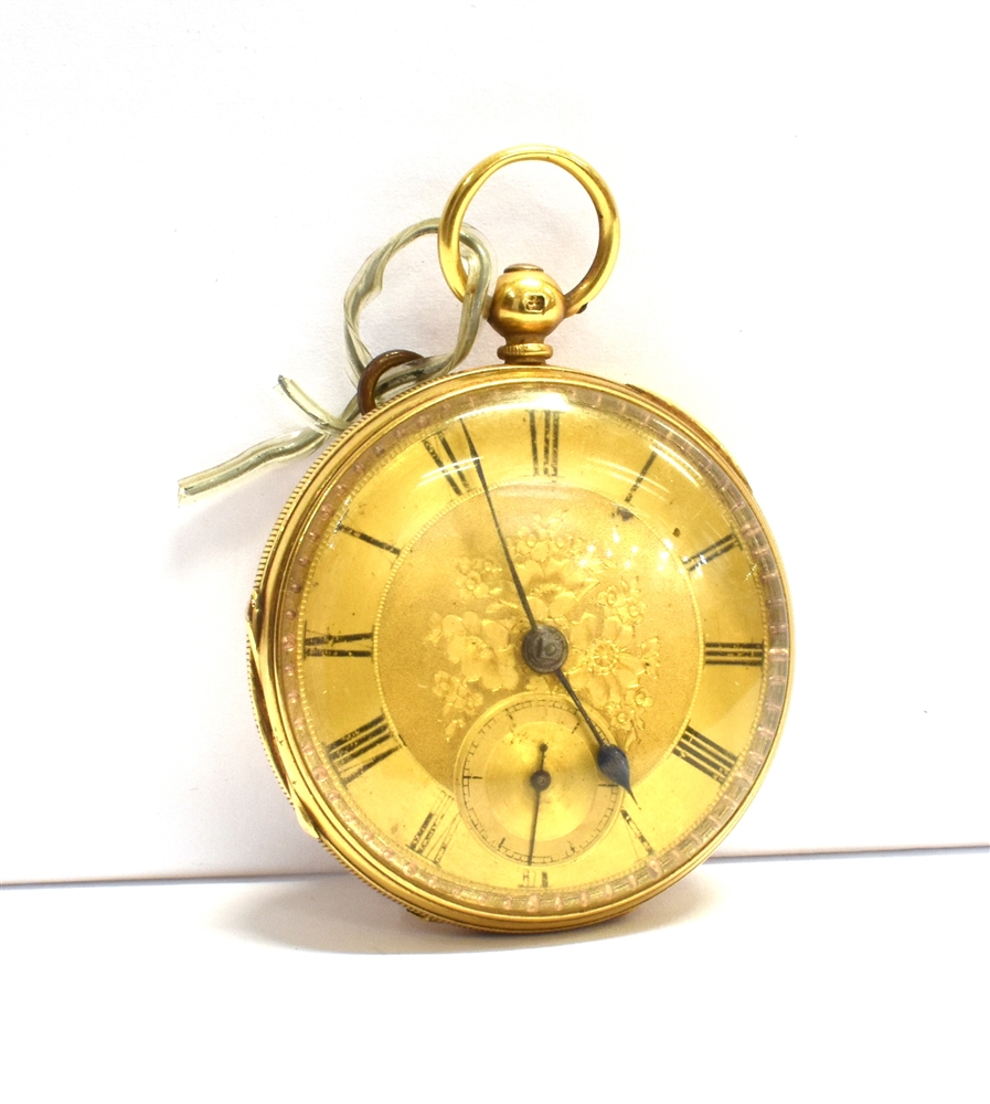 AN 18CT GOLD CASED EDWARDIAN OPEN FACED POCKET WATCH Key wound, the watch with floral gilt dial,