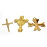 THREE CRUCIFIX PENDANT PIECES INRI pendant with very faded 375 marking, length 4cm, weight 6.5g,