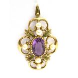 A 9CT GOLD, PURPLE ALMANDINE AND CULTURED PEARL PENDANT PIECE the faceted oval almandine measuring