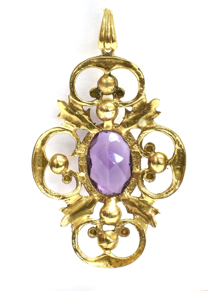 A 9CT GOLD, PURPLE ALMANDINE AND CULTURED PEARL PENDANT PIECE the faceted oval almandine measuring - Image 2 of 2