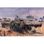 MILITARIA - D. PENTLAND (CONTEMPORARY) Flail tank on a Normandy beach, oil on canvas, signed and
