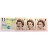 BANKNOTES - ELIZABETH II (1952-), FIVE POUND NOTES Lowther, a consecutive run of three, JA13