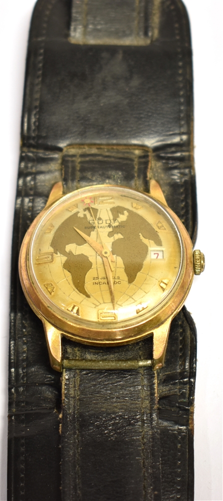 A GENTLEMAN'S VINTAGE GUDA SUPER AUTOMATIC WRISTWATCH the dial in gilt tones with global face