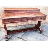 A VICTORIAN MAHOGANY SIDE TABLE the superstructure with three drawers, pair of frieze drawers, on