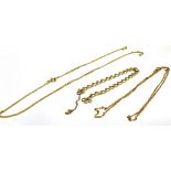 THREE 9CT GOLD CHAINS two chains A/F, one chain 52cm (fine link), working clasp, total weight 9.