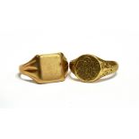TWO 9CT GOLD SIGNET RINGS one with blank cartouche, ring size S ½, the other with monogrammed