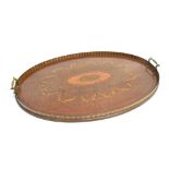 AN EDWARDIAN MARQUETRY DECORATED OVAL GALLERY TRAY 68cm wide Condition Report : good condition, no