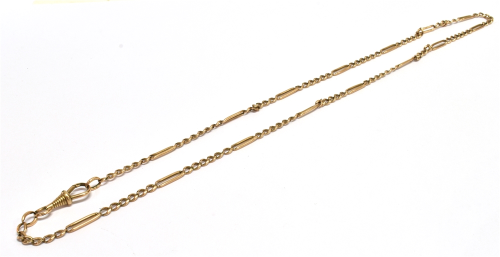 A YELLOW METAL WATCH CHAIN length 54cm, weight 10.5grams, fitted with a lobster clasp,