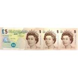BANKNOTES - ELIZABETH II (1952-), FIVE POUND NOTES Lowther, a consecutive run of three, JA13