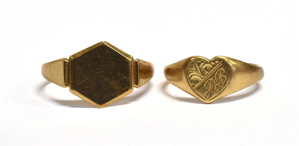 TWO 9CT GOLD SIGNET RINGS one with blank hexagonal shaped bezel, hallmarked for Birmingham, date