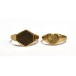 TWO 9CT GOLD SIGNET RINGS one with blank hexagonal shaped bezel, hallmarked for Birmingham, date