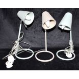 THREE RETRO ADJSUSTABLE READING LAMPS, one grey and two duck egg blue, 38cm high Condition