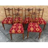 SET OF SIX WALNUT CHAIRS with red and yellow upholstered seats, H 87cm