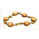 A 9CT GOLD CAMEO BRACELET the bracelet set with six round cameos, 1cm in diameter, length 18cm,