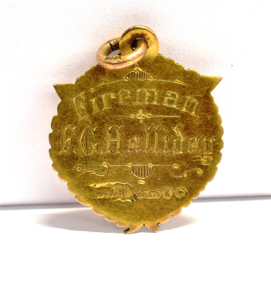 A 9CT GOLD FIREMAN CHALLENGE MEDAL adapted for pendant/fob, engraved for 1902, Birmingham - Image 2 of 2