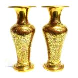 A PAIR OF HEAVY BRASS VASES of baluster form with flared rims, with chased and enamelled foliate