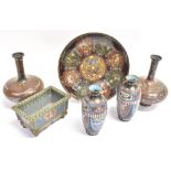 A GROUP OF CLOISONNE ITEMS comprising plate 24.5cm diameter, pair of vases 16cm high, smaller pair
