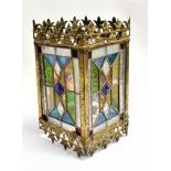 A LEADED AND STAINDED GLASS HANGING LANTERN 18cm square, 33cm high Condition Report : glass all