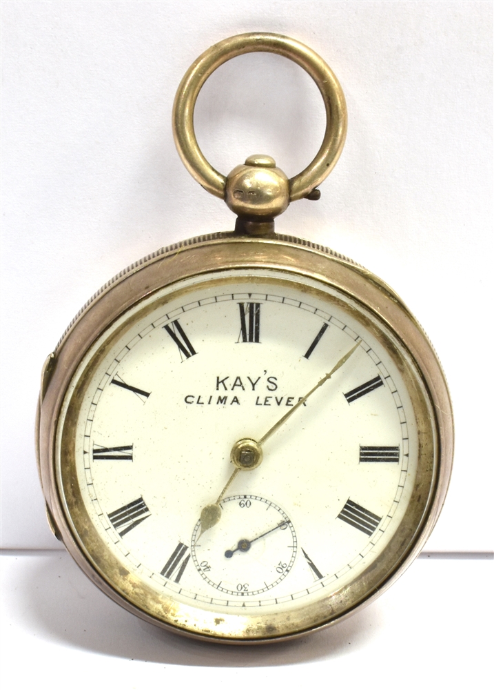 A KAYS CLIMA LEVER OPEN FACED POCKET WATCH The watch with signed dial, gilt batons, black roman