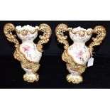 JOSEF STEIDL, ZNAIM: a pair of Continental majolica vases with floral gilt and reticulated