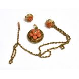 A 19TH/EARLY 20TH CENTURY CORAL AND POINT CUT DIAMOND PHOTO BACK PENDANT CHAIN AND CORAL STUD