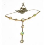 AN OLD CUT DIAMOND AND OPAL LAVELIERE NECKLACE The necklace set with four old cut diamonds and