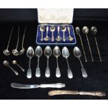A COLLECTION OF SILVER FLAT WARE AND EPNS A cased set of six hallmarked thread handle tea spoons,
