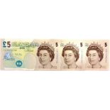 BANKNOTES - ELIZABETH II (1952-), FIVE POUND NOTES Lowther, a consecutive run of three, JA13