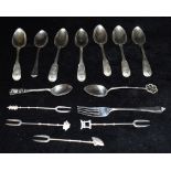 A COLLECTION OF 19th CENTURY AND LATER SILVER TEASPOONS, pickle forks and cake fork, weight 220g