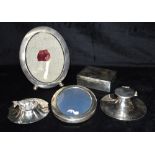 A COLLECTION OF SILVER AND SILVER PLATE ASPREY LONDON a white metal inkwell, complete with glass