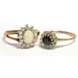 TWO 9CT GOLD RINGS a 9ct gold white opal and crystal paste cluster ring, the oval opal measuring 0.7