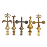 FIVE WEST COUNTRY FRIENDLY SOCIETY BRASS POLE HEADS including those of cruciform shape with crown