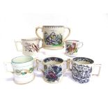 SIX VICTORIAN CIDER MUGS comprising a twin-handled mug, with transfer-printed decoration of a