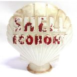 A SHELL ECONOMY PETROL PUMP GLOBE of white glass with raised crimson lettering, 44cm high. Condition