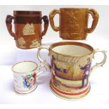 FOUR LATE 19TH & EARLY 20TH CENTURY MUGS comprising a twin-handled Temperance mug, with hand-painted