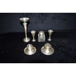 A COLLECTION OF SIX SILVER ITEMS comprising Asprey London, a silver inkwell, weighted, of plain