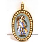 A CIRCA 19TH CENTURY OLD POINT CUT DIAMOND, SEED PEARL HAND PAINTED PENDANT/LOCKET FRONT PIECE The