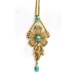 A STAMPED 15 TURQUOISE AND SEED PEARL LAVALIERE NECKLACE Pendant drop length 5cm, necklace length