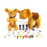 ASSORTED COLLECTABLES comprising a gold plush soft toy elephant, 27cm long; a gold plush teddy bear,