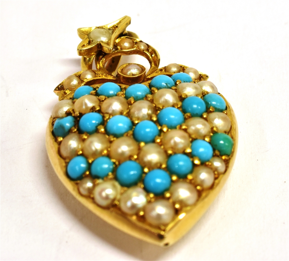 A STAMPED 15CT TURQUOISE AND SEED PEARL HEART PENDANT Length including bale 2.9cm, width at widest