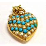 A STAMPED 15CT TURQUOISE AND SEED PEARL HEART PENDANT Length including bale 2.9cm, width at widest