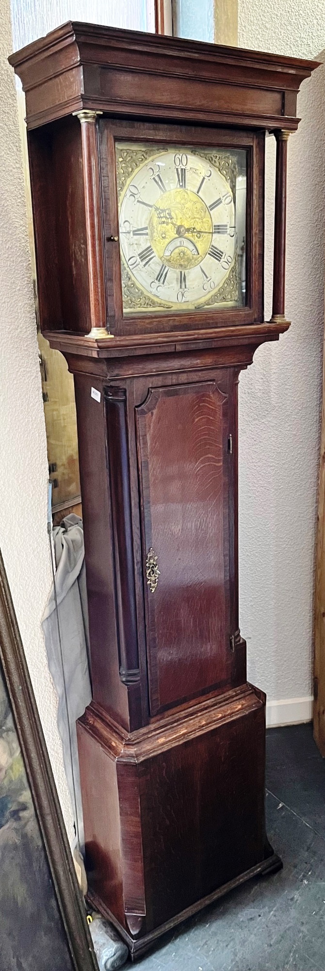 A 19TH CENTURY LONGCASE CLOCK the brass dial with silvered chapter ring, subsidiary seconds dial,