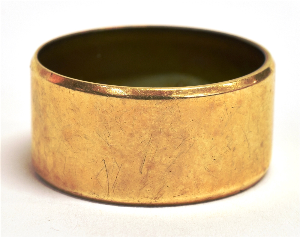 A 9CT GOLD WIDE BAND RING Width 1cm, weight 6g, N.B faded hallmark to the shank