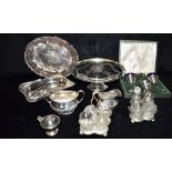 A COLLECTION OF SILVER AND SILVER PLATE to include a cased set of silver cruets, weight 237grams,