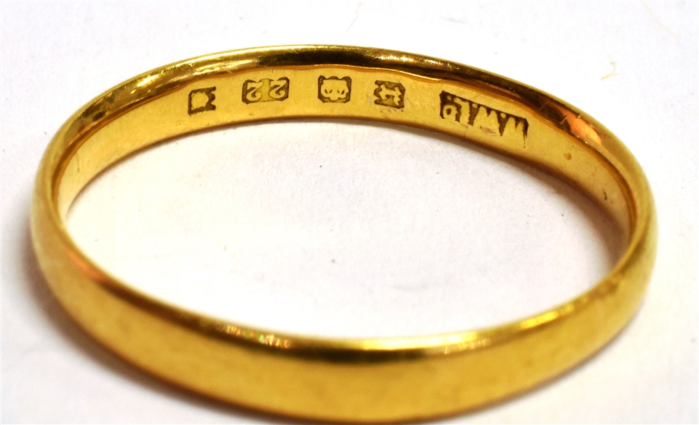 A 22CT GOLD BAND RING the band with Birmingham hallmark, worn date letter, size N ½ approx, weight