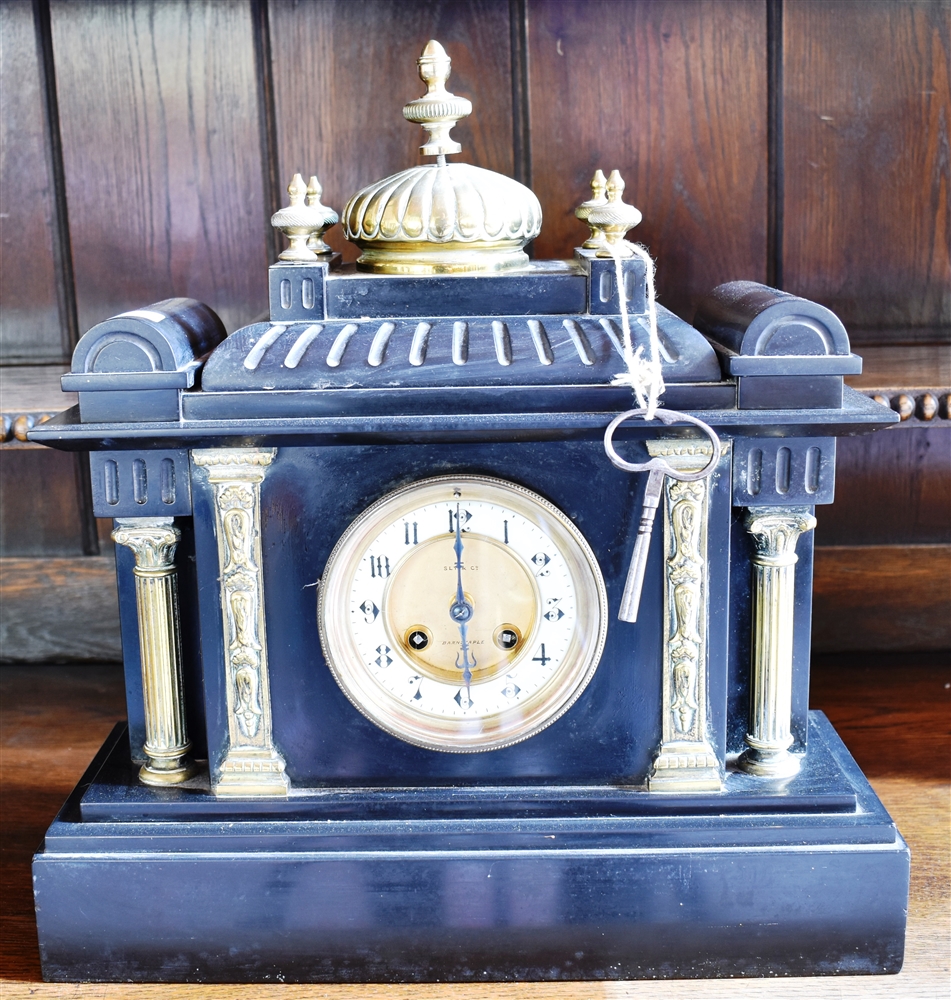 A VICTORIAN ARCHITECTURAL GILT METAL MOUNTED SLATE MANTLE CLOCK the 8-day French movement striking