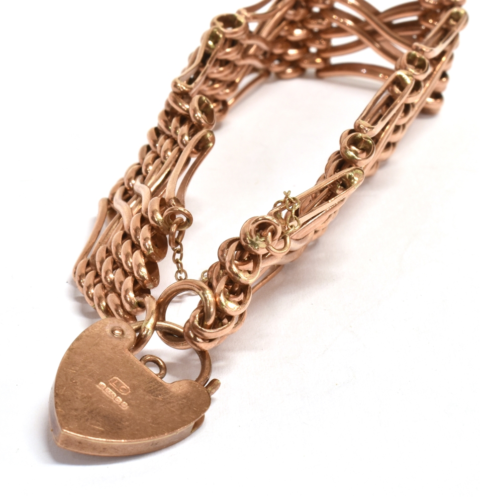 A 9CT ROSE GOLD HEART PADLOCK Fancy gate bracelet, width 1.2cm, length 19cm, hallmarked for - Image 2 of 2