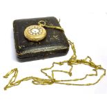 AN 18CT GOLD PLATED HALF HUNTER POCKET WATCH with an attached gilt long chain, the pocket watch with